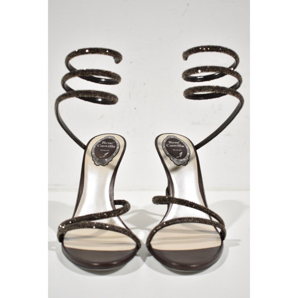 Rene Caovilla Margot Brown Crystal Snake Ankle Wrap Strap Sandal Heel Pump 38 - Picture 6 of 12